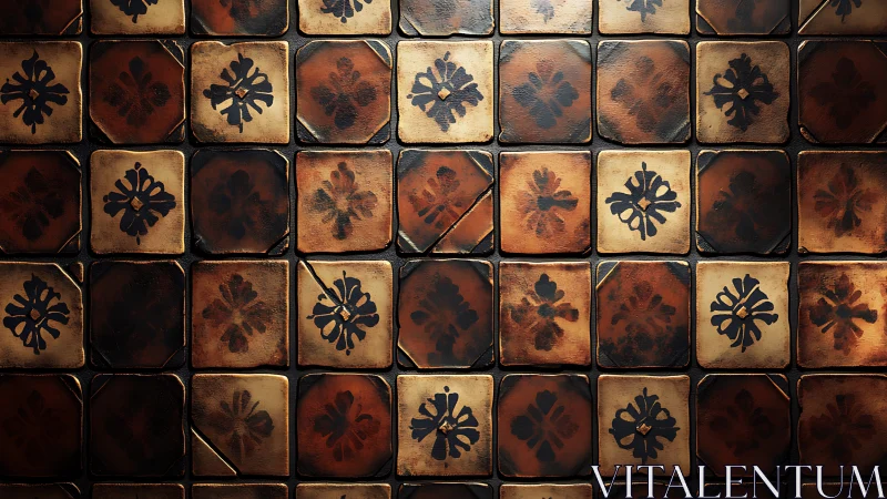 Weathered ceramic tiles display ornate stencil motifs and patina