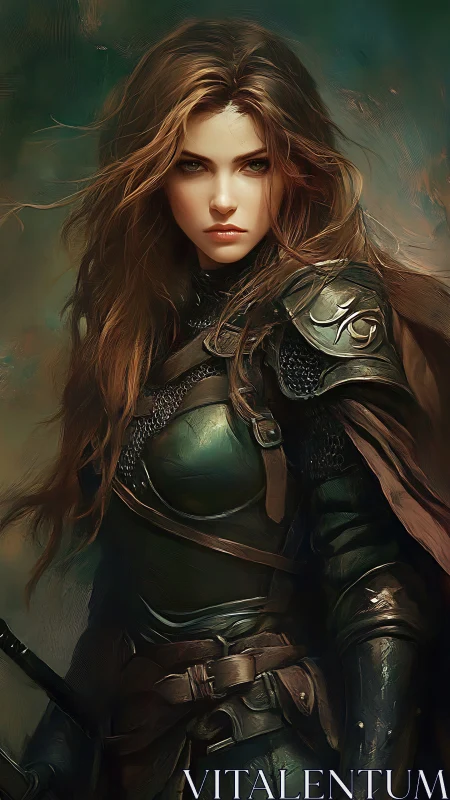 Warrior huntress in green armor under moody light.