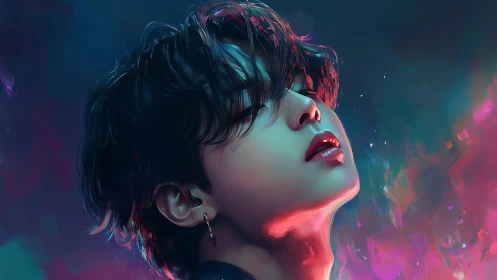 Dreamy neon portrait bathes a serene face in glowing color