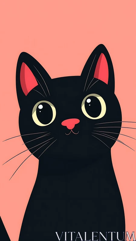 Black Cat with Luminous Eyes Rendered in Flat Vector Style Against Coral Background