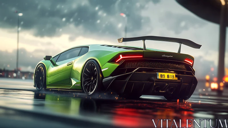 Lime green rear-angle supercar on wet reflective tarmac at dusk