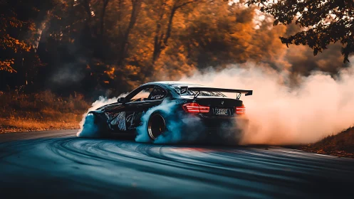 Smoky autumn racetrack lets a drift car paint burning curves