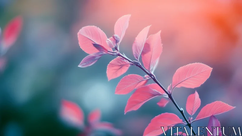 Iridescent coral leaves against dreamy bokeh sky.