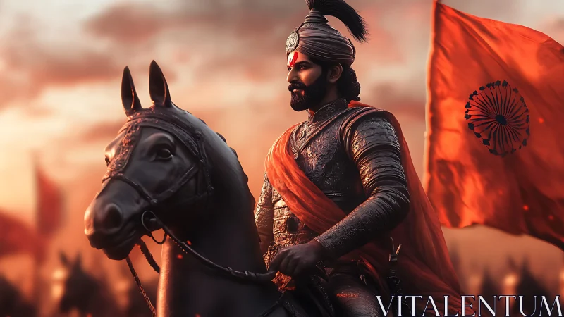 Photorealistic armored Indian warrior on horseback at sunset