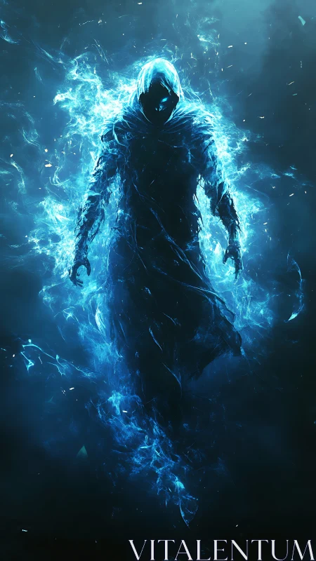 Hooded spectral figure formed from bright electric blue energy