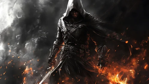 Hooded armored warrior stands amid swirling fire and smoke
