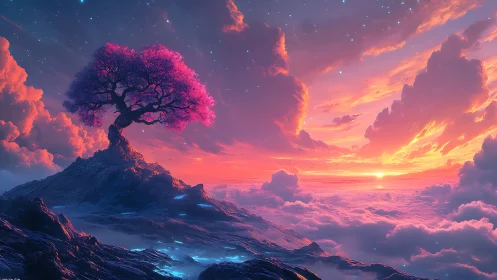 Digital painting of luminous pink tree above celestial cloud sea.