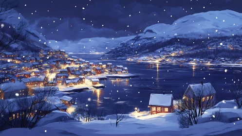 Snow-covered coastal village at night with illuminated houses.