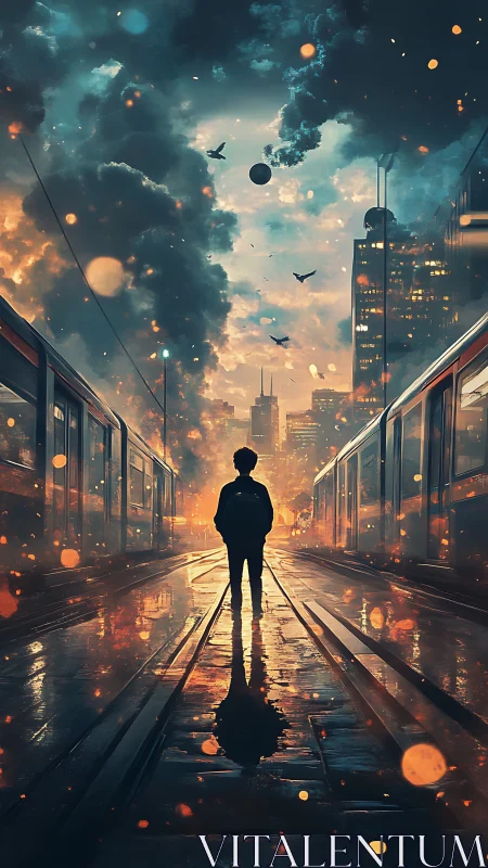 Lone traveler stands between city trains at fiery dusk.