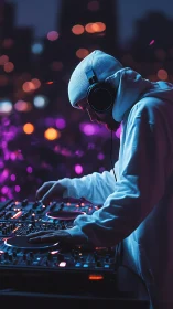 Midnight city beats bloom as a hooded DJ sculpts neon sound