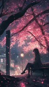 Nocturnal city bench beneath luminous cherry blossoms.