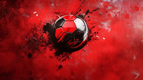 Bold red soccer ball bursts with vivid, energetic motion