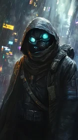 Cyberpunk cloaked operative with respirator in neon rain