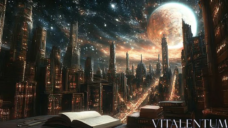 Futuristic city skyline under glowing planet and stars.