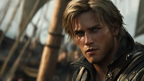 Sunlit sailor lost in thought on wind-tossed deck.