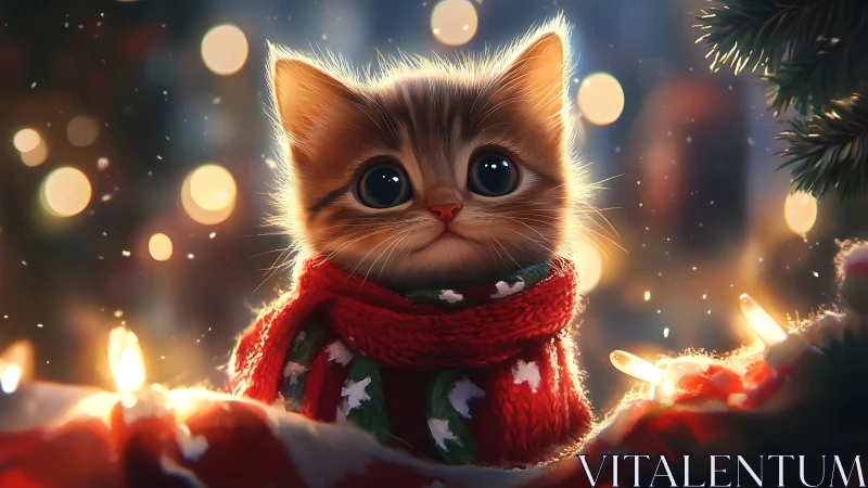 High-bokeh festive kitten portrait with luminous textiles.