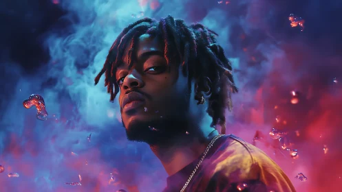 Cinematic portrait with neon bicolor rim lighting and suspended droplets