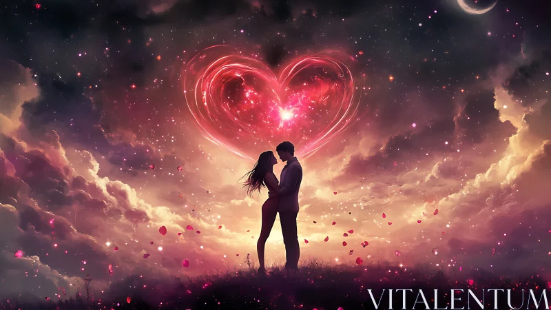 Couple embracing beneath glowing cosmic heart