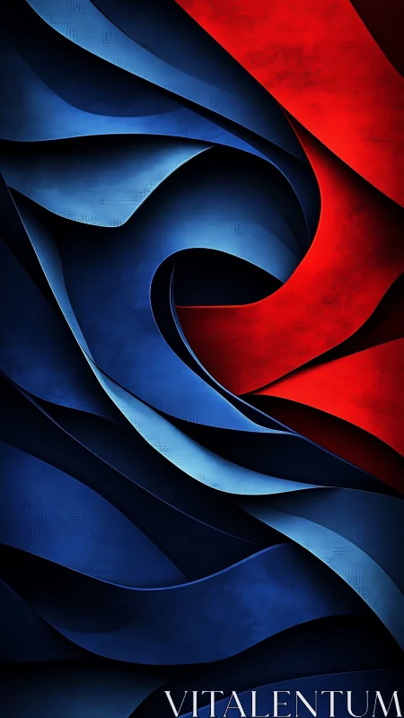 Curved blue and red ribbons form abstract layered vortex.