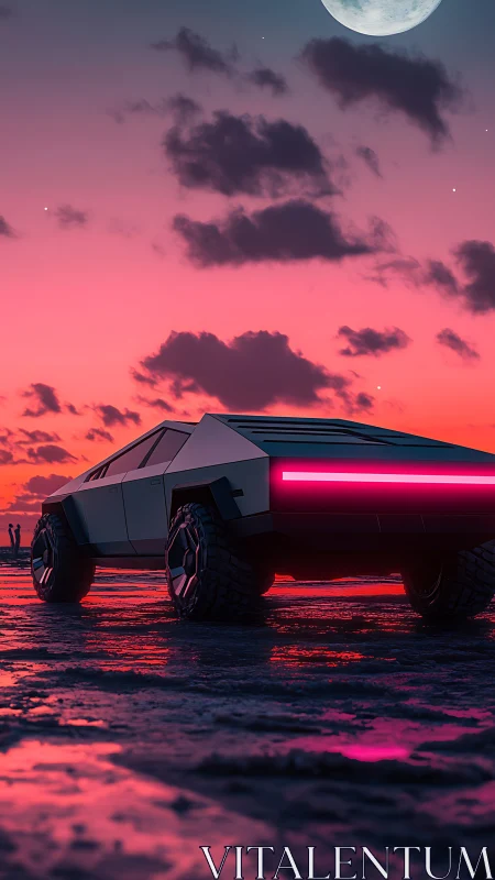 Futuristic off-road truck under neon dusk sky, 3D rendered.
