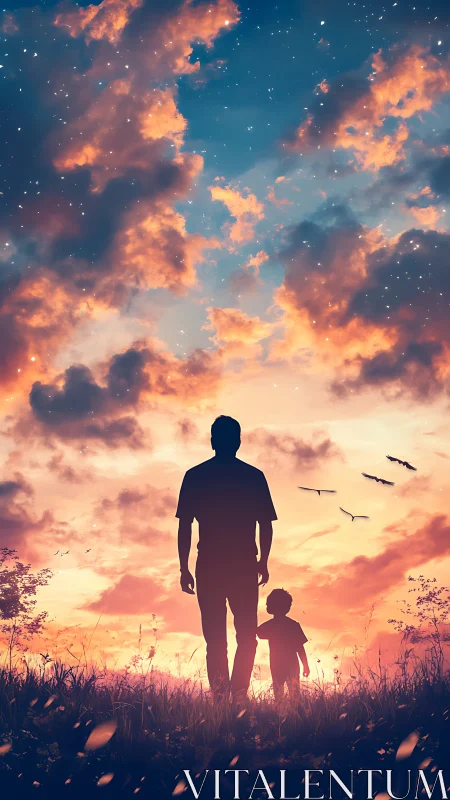 Silhouette of father and child under vivid sunset sky.