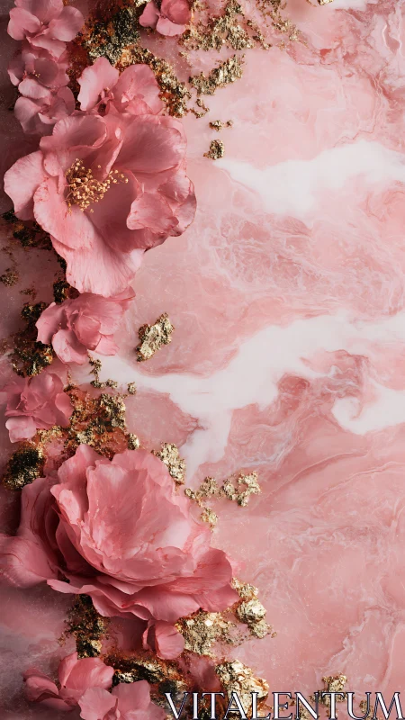 Pink floral relief contrasts with veined marble and metallic leaf