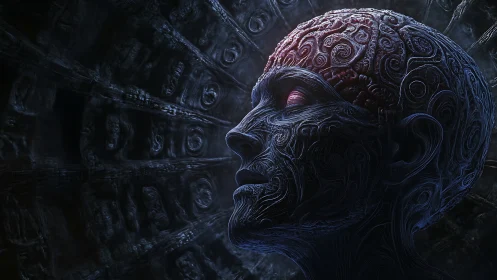 Cyborg head with glowing eye studies recursive digital void