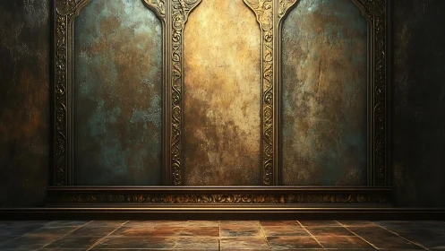 Gilded arched wall panels with warm textured patina backdrop.