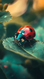 Ladybug stands on dewy leaf in shallow depth of field