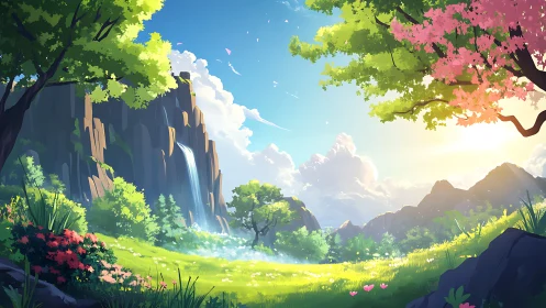 Sunlit valley landscape shows waterfall, meadow, and trees