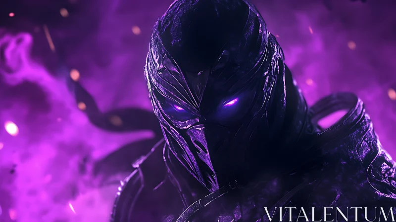 Armored void wraith glows within intense violet nebula field