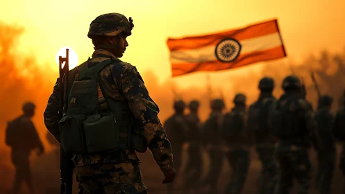 Indian military personnel in formation at sunset field.