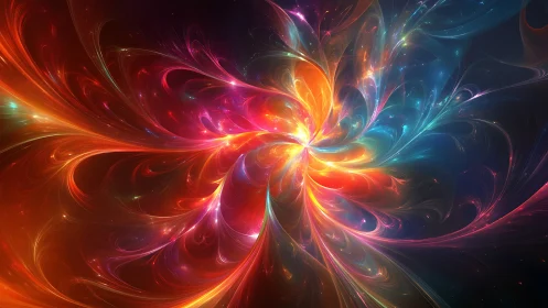 Cosmic light bloom unfurls in swirling multicolor radiance.