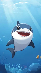 Cartoon great white shark in sunlit shallow ocean scene