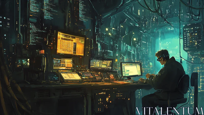 Midnight codebreaker in a neon wired cyber control hive.