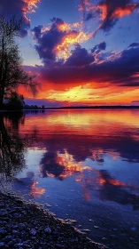 Fiery lake sunset paints dramatic clouds and mirrored light