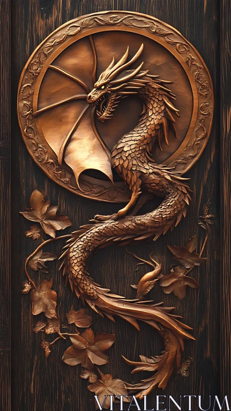 Bronze dragon relief curling across dark wood panel.