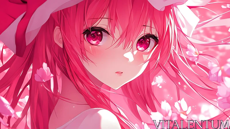 Sakura-eyed dreamer drifting through a storm of pink petals.