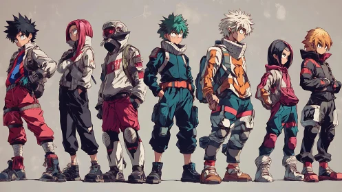 Row of stylized youth characters in tactical streetwear