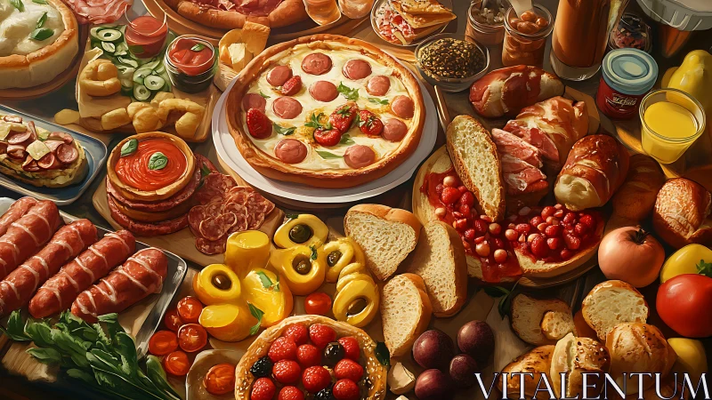 Italian antipasto table shows abundant breads, meats, fruits