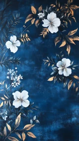 Midnight blue botanical panel with white florals and gold leaves.