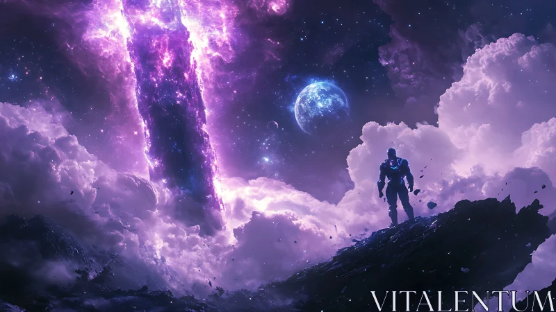 Starlit wanderer beholds a roaring violet cosmic rift