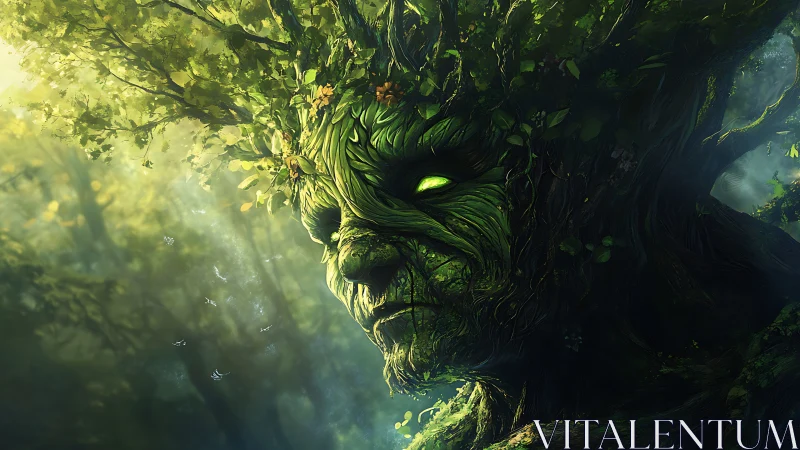 Ancient forest guardian with glowing eyes in mossy bark visage.