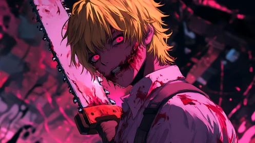 Blood-soaked anime swordsman with chainsaw under neon glow
