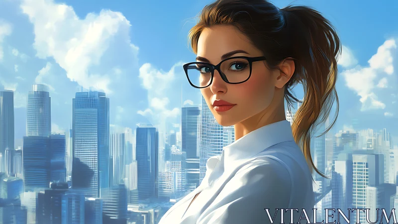 Woman in glasses stands before dense modern city skyline