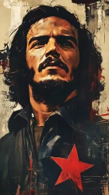 Revolutionary portrait with bold red star emblem detail.