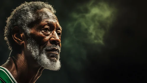 Low key portrait isolates elderly man against volumetric green haze