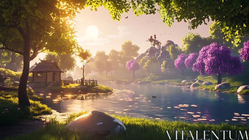 Sunlit riverside cottage under blooming violet trees