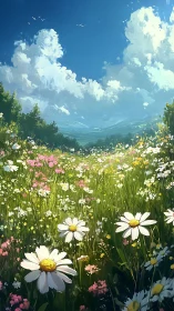 Wildflower meadow under cumulus cloud formation at midday.