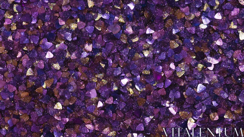 Purple glitter heart confetti background in close view.